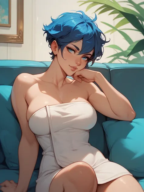 woman with dark blue short hair, Sitting on the couch with a towel playing video games