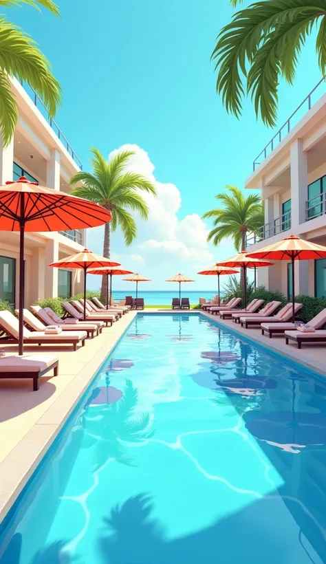 A clean, polished, minimalist cartoon-style background featuring bold black outlines and smooth shading, consistent with the vibrant and meme-worthy aesthetic. The scene is of resort, pool side, with chairs, pool, luxury. The overall style is vibrant, poli...