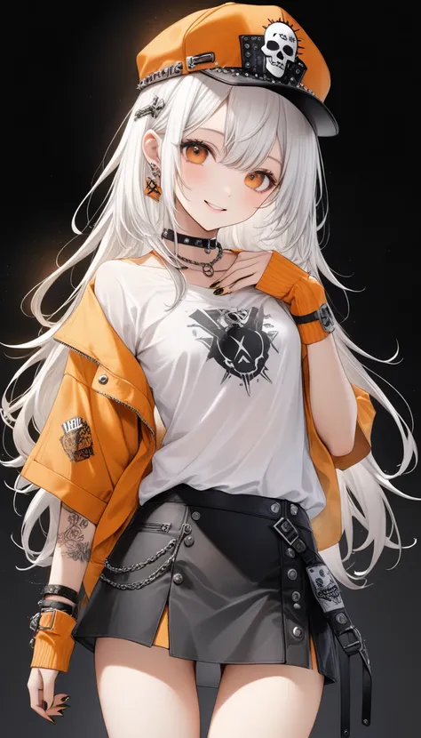  ONE CUTE -OLD GIRL ,Young Face、 slim figure、Thin legs、7.5 heads、((Beautiful white hair color ))、( Beautiful, very thin orange inner color hair)、(( Shortcut with nicely aligned tips 、 Stylish cap ))、(( Shirts that are exposed a lot and open slightly loosel...