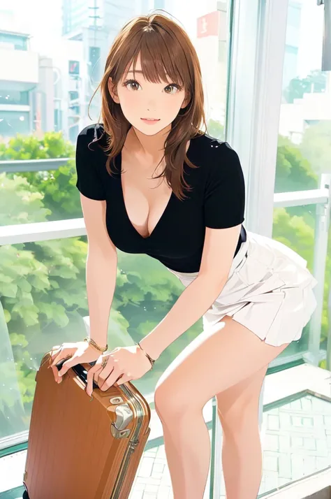  Very Realistic 、Carafe woman wearing short skirt and black shirt with suitcase,  Japanese  model,  women, elegant  Japanese  woman, beautiful  girl, Yoshitomo Nara,  girl,  Japanese  goddess, an  woman, beautiful  woman, ,  Deayami Kojima,   gorgeous youn...