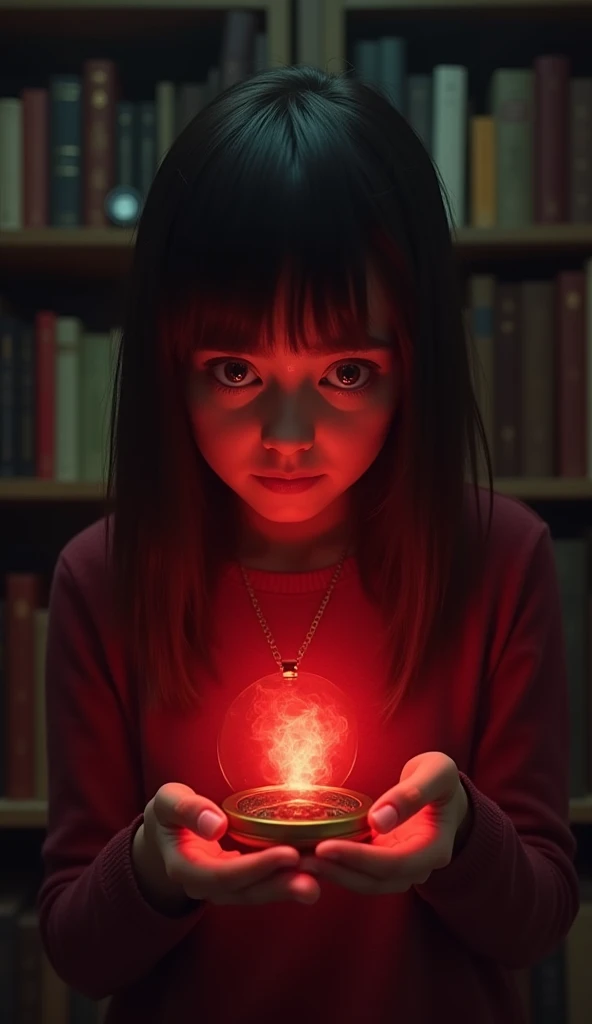 The Locket Glows Red: Ayesha, with wide eyes, stares at the locket as it opens by itself, glowing a fiery red. The eerie light contrasts with the otherwise dark room. Books and objects on shelves seem to be slightly trembling from an unseen force.
