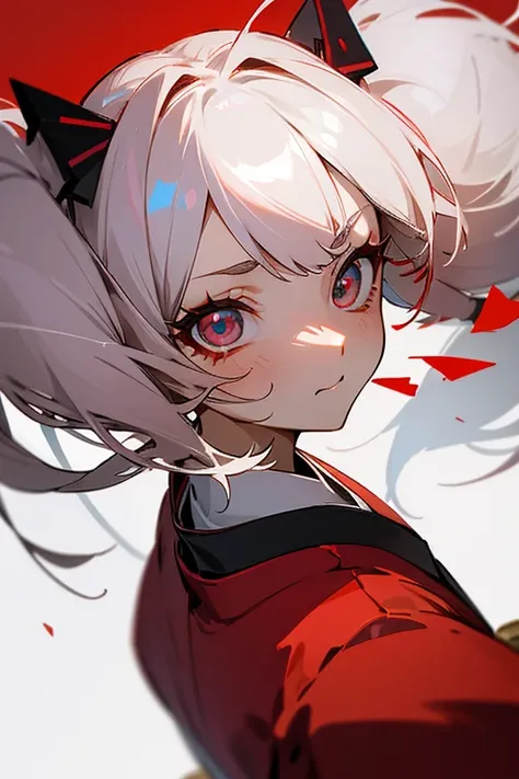  Short White Hair , ,   up 、Headbang 2.、  red clothes、 (( embarrassing)). twin tails、  sharp、Excellent、 face as an image、((  Womens Fingers  )).((Japanese anime eyes:1.2)).