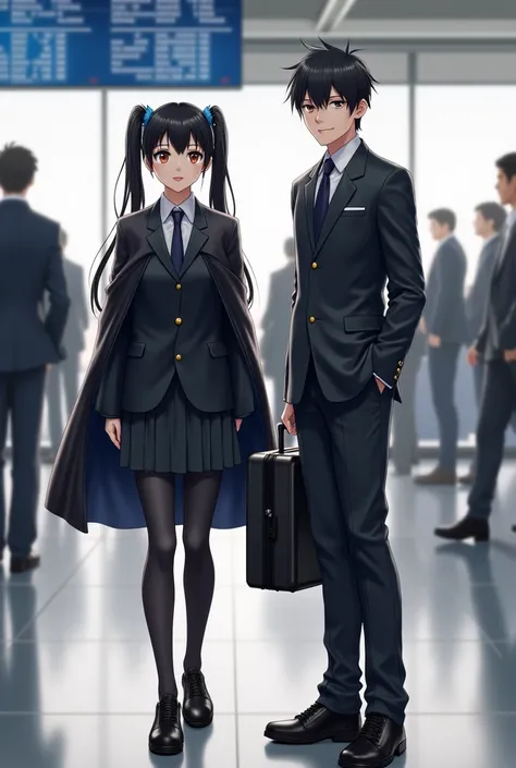 Two Japanese people、 black hair、women、 twin tails、smile、 big eyes、shiny black cloak、shiny black leather suit、 white shirt、 ties、 black skirt 、 black tights 、 shiny black high cut sneakers、I have a small trunk、 airport 、Electronic bulletin board、 gentle smi...