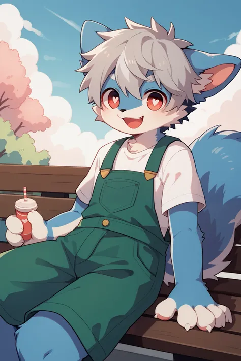     very detailedな,  very detailed,Blue fur,  gray hair,male,骨を見て  excited,Heart Eye,participate,  cute face,  sitting, fluffy fur , excited,Horny boy,Bench sitting,Beautiful sky,smile,  green overalls, white t-shirt ,Alone,Dropped ears,My mental age ,want