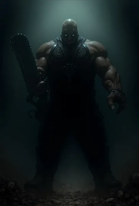 Huge buff man holding a chainsaw and wearing a mask