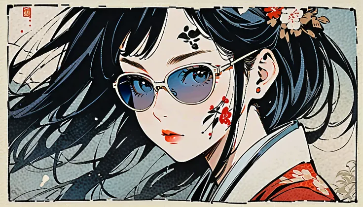 Ink painting, ((( 1 girl))), ((( face tattoo))), ((( sunglasses))),  Japanese Style Headphones,  beautiful girls,  black hair, Delicate and precise,  modern ukiyo-e style,  darkness