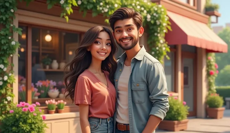 smiling couple standing next to their lovers flower shop