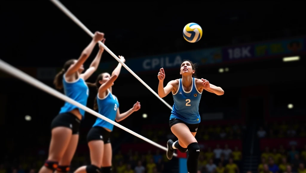 high quality,8k,photorealistic,extremely detailed, dynamic volleyball game, team spirit, solidarity, athletes in action, diverse players, competitive match, intense expression, sweat,sports arena, cheering crowd, bright lights,vivid colors,cinematic compos...