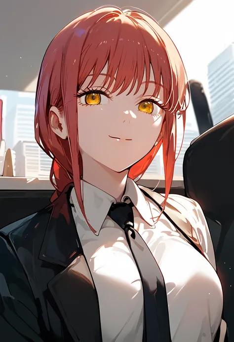 master quality,anime girl,solo,upper body,from below,pixiv 3dcg, highest rating on pixiv, very beautiful anime,makima,red hair,office lady,white shirt,black necktie,black pants,large breasts,pointy breasts,pale skin,construction,beautiful eyes,blonde eyes,...