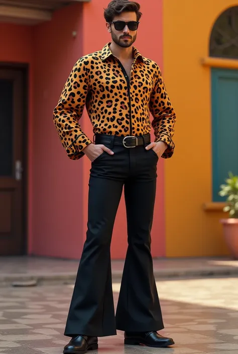 A men wearing 70s black bell bottoms with cheetha print fulls sleeves shrit tucked in with black boots