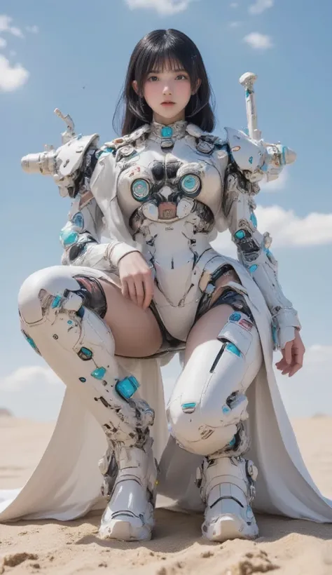  Cute Female Robot  , heavy weapons,  Glowing Joints and Gaps  , 新  super detailed  ,  brightly colored  ,  dynamic pose,  highly detailed face and eyes  , Intricate mechanical design with light blue joints and gaps glowing , Glowing Parts 、 amazing on the...