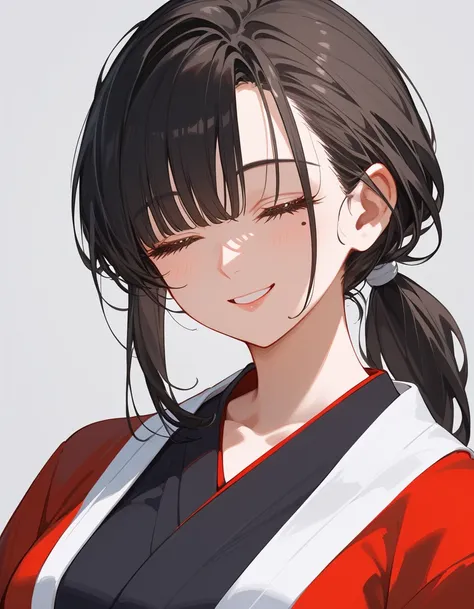 girl,White Japanese dress ,thin,smile,Bangs,Brown-black hair,Have a moleใต้ตา, Long Sleeve Shirt,puberty ,smileอ่อน,sit, black undershirt,Low ponytail,Mother,Have a mole, black background,sitบนเก้าอี้ไม้, without eyes,Kimono set, close their eyes,close eye...