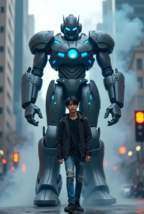 handsome Korean guy with black blue hair wearing black jacket blue jeans torn knee black buts shoes posing in the middle of the street building high-rise building broken glass splashes a huge robot in black blue steel armor with blue eyes lit up blue smoke...