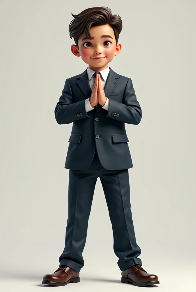 By using this image Create an s young boy image standing in the position of hand binding wearing suit