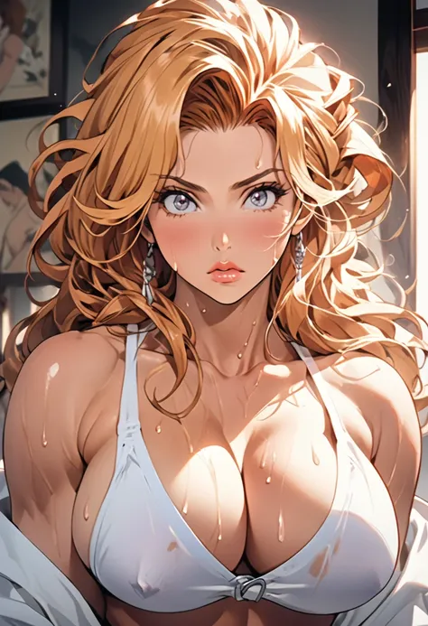 masterpiece, Highest quality, High resolution, (Matsumoto Rangiku),(BLEACH),1990s (style),G-cup beautiful breasts、height: 170 cm,Sweating all over the body、Muscular,((sexy)),solo,Innocence,Anime-style painting style, Blonde,long hair、Big eyes,Plump lips,Ai...