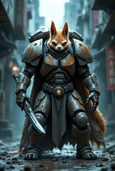 a space marine with squirrel head and tail, ultra detailed, highly realistic, 8k, photo-realistic, cinematic lighting, hyper detailed, sharp focus, volumetric lighting, sci-fi, warhammer 40k, advanced armor, glowing energy weapon, (helps an old woman cross...