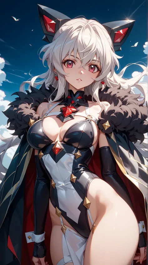  Symphogear 、woman、White Hair、 dark eyes、 red eyes、 long hair、Black headgear、Black Gungnier、Black Fluffy Cloak 、 black high leg swimsuit 、 Black Body Armor、 white dress、White bandage、Wear white full harness 、