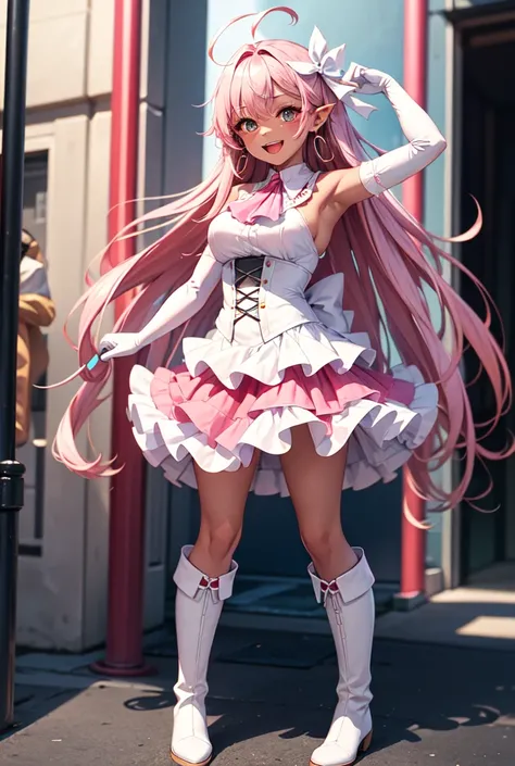 masterpiece, brown skin、smile, full_body, open_mouth, 
 1 girl, Healing Prism ,  pink hair,  long hair,  Side Blades ,  white ascot,  white boots that shoot bows,  elbow gloves,  hair bow,  earrings for women with first name,  layered skirt , Heart Ahoge ,...