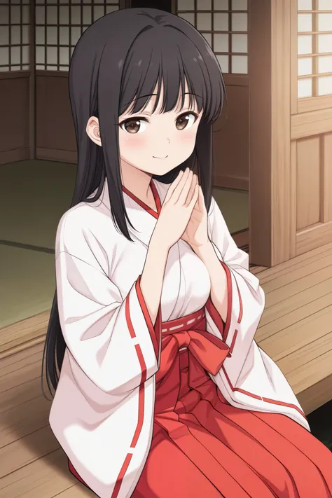 Modern Japanese woman, neat, cute, long black hair, small head, Japanese anime style, human, shrine maiden outfit