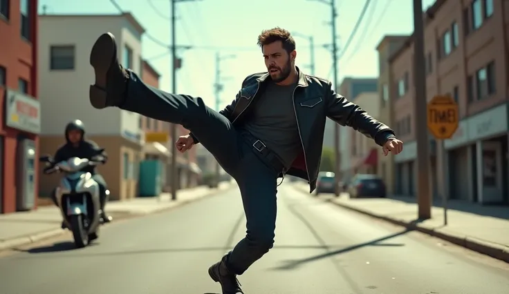 A wide-angle photorealistic image of a man on a city street, captured mid-action as he lifts his leg in a forceful kicking motion toward the air. His face displays a furious, intense expression, emphasizing his anger. The man is wearing a black leather jac...