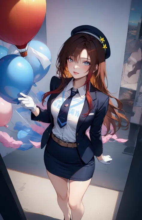 pretty young woman, singing at festival, multicolored hot air balloon behind her, multicolored hot air balloon, colorfulhot air balloon BREAK, {+forehead, long hair, choccolate-brown hair, reddish-brown streaked hair, reddish-brown highlighted hair, reddis...