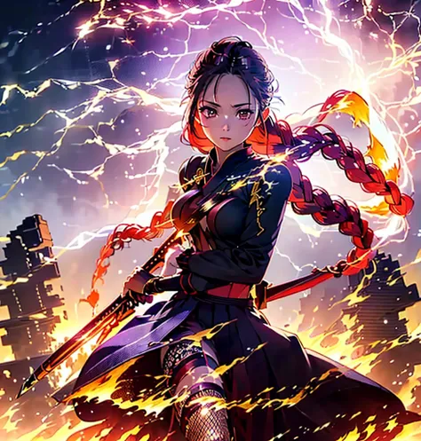 (highest quality)), ((masterpiece)), (((4k)))、(Familiar), Perfect Face,Shiny skin,Beautiful breasts,Shiny skin、Golden Eyes、Sunburned skin、night、Holding a Japanese sword、ruins、Combat Stance、Fishnet tights、red Braided Hair、spats、inner、Purple clothes、Wearing ...