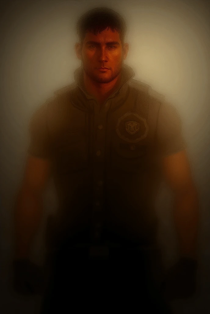 100 personnes géantes et musclees 肌肉男警官, uniforme de police jaune et noir,  police uniform pants , à porter par-dessus une chemise avec étiquette 313, concept de personnage (Resident Evil - Chris Redfield, Chris Redfield) expression fière, yeux profonds et...