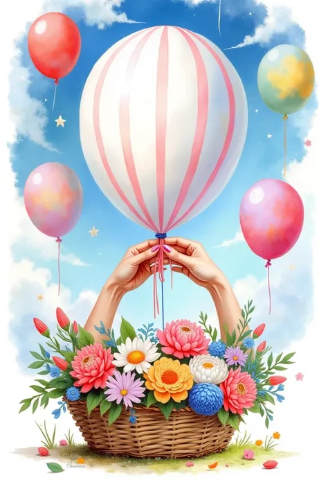        close-up ,    beautiful female hands holding a white balloon with pink stripes and a wicker basket of flowers, there are a lot of balloons around and a blue sky with clouds , traditional media              ,watercolor (medium),                     w...