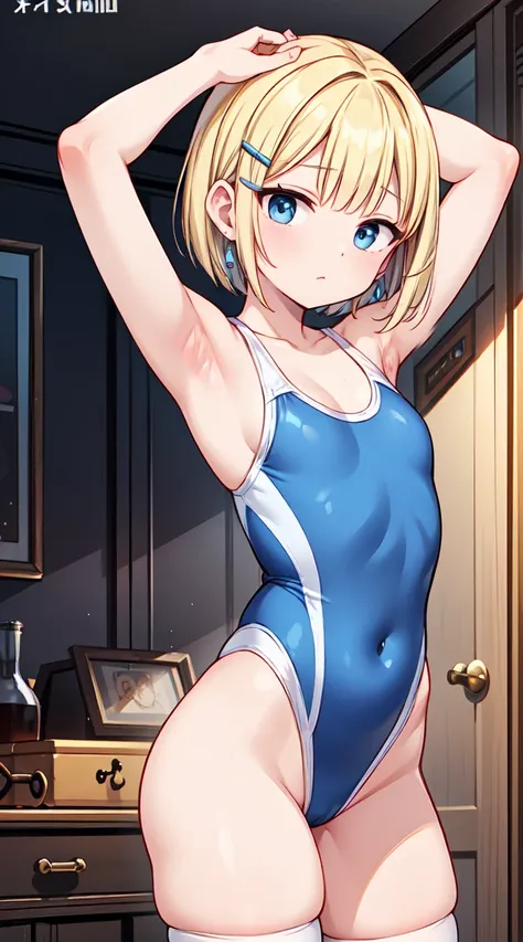 Small handle with slim body, thin waist、  blue eyes,  blonde bob hair , Double Headed Drill , hair clip,  earrings for women with first name, Highest, metallic blue competitive swimsuit、  white stockings ,  standing,  the cowboy shot, (Pose in front,  squa...