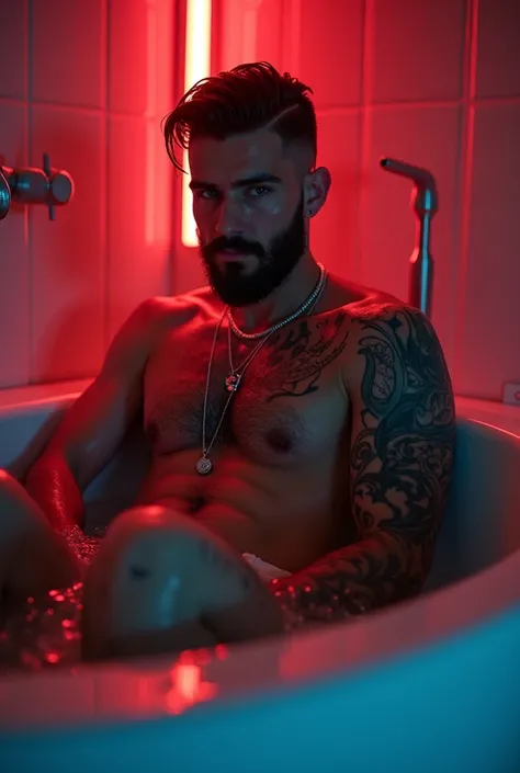   Full body .   young man Nick Batemam ,moreno,  black hair,profiled cropped beard , tattoos on arm and chest,muscular,  gray eyes ,silver necklace In a bathtub .   Shower under the shower with hot water and steam with red neon lights at night