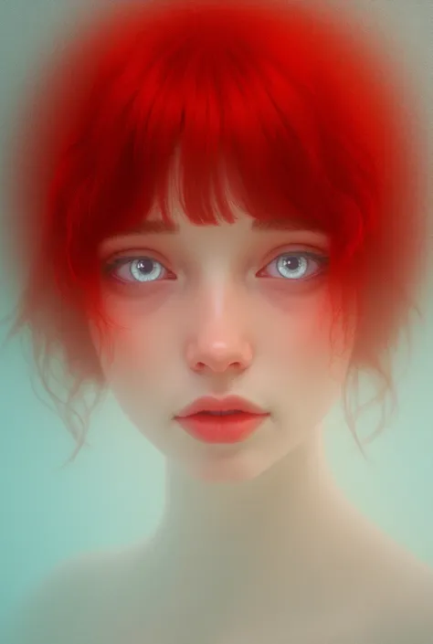 Draw a girl with short red hair and white eyes