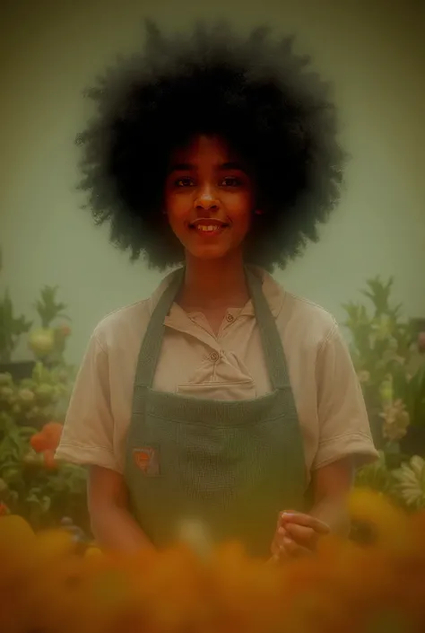 Create the image of a young chef with frizzy African hair ,  this chef focuses on giving tips on how to prepare vegetables and fruits