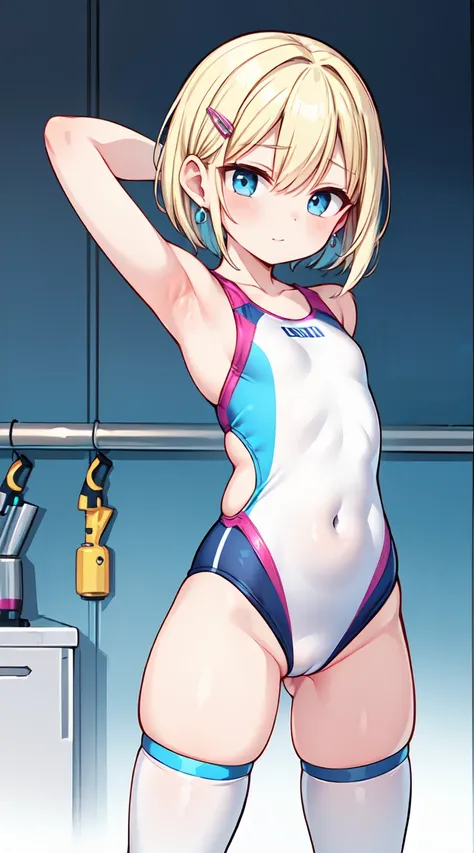 Small handle with slim body, thin waist、  blue eyes,  blonde bob hair , Double Headed Drill , hair clip,  earrings for women with first name, Highest, metallic blue competitive swimsuit、  white stockings ,  standing,  the cowboy shot, (Pose in front,  squa...