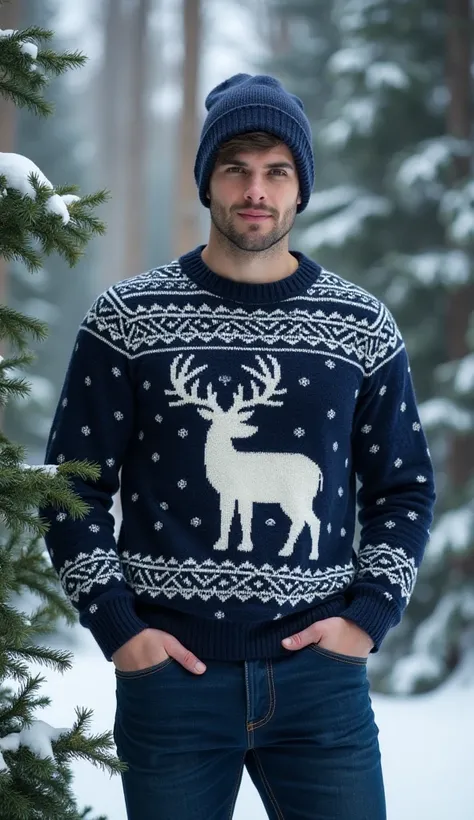 European-looking guy, large,  pumped ,  short hair dark hair .  Dressed in a winter knitted sweater with deer , dark blue , knitted hat on my head , dark blue jeans,  stands in the snowy forest by a Christmas tree 