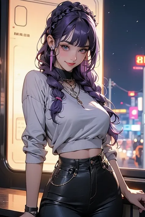       1 girl, blunt bangs,       braiding     ,    width ,     hair accessories ,Obi says, (Purple Hair:1.2),       long hair ,      A high school girl with straight hair grabs the top of her clothes  ,     Butt touched by an audience on a train   ,    Its...