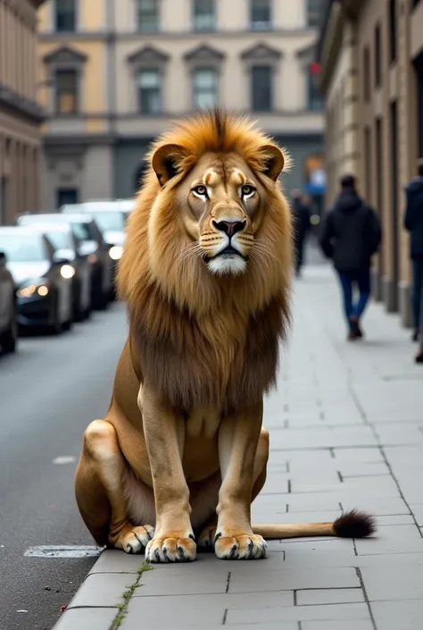 "A majestic lion seated slightly to the right side of a sidewalk, viewed from the roadside. The lion exudes a calm and regal presence, its golden mane catching the light. The background features urban elements such as a row of parked cars, a building facad...