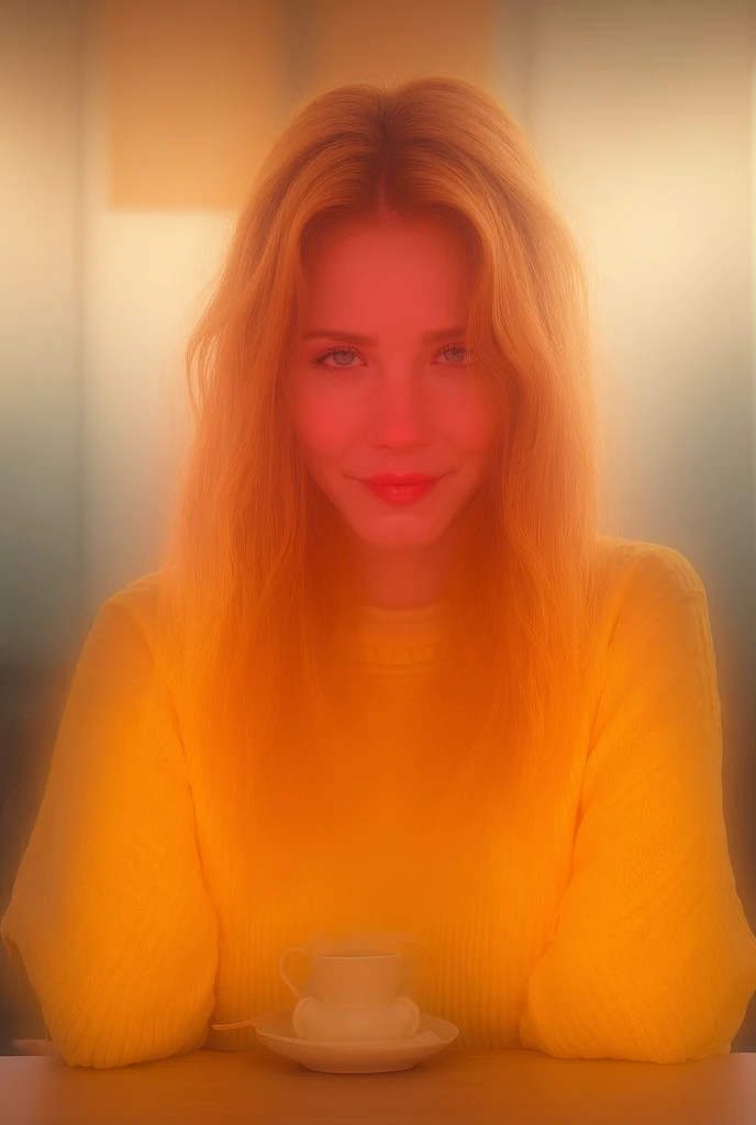 Cute beautiful blonde with yellow sweater (Drinking coffee in a modern café at sunset),  Very detailed , ************,  Unschuldiges Gesicht , naturally wavy hair,  blue eyes , high-res,  masterpiece, best qulaity,  intricate details,  Very detailed , shar...