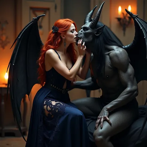 Red haired big boobs, thick thigh, gothic winged fairy wearing dark blue lace gown biting the neck of 
a tall human like devil with broad shoulders 2 spiked horns and long black hair background Gothic Celtic bedroom with a fire in lit candles around the ro...