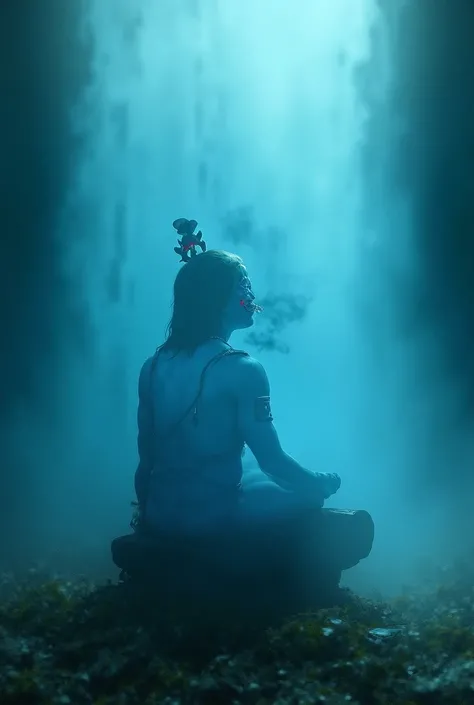 "Shiva, sitting alone on a slightly decayed wooden log beneath a mountain, smoking cannabis and watching a cascading waterfall. His blue-hued body exudes a divine presence. Shiva’s face shows a hint of anger, his third eye open and glowing red. A snake coi...