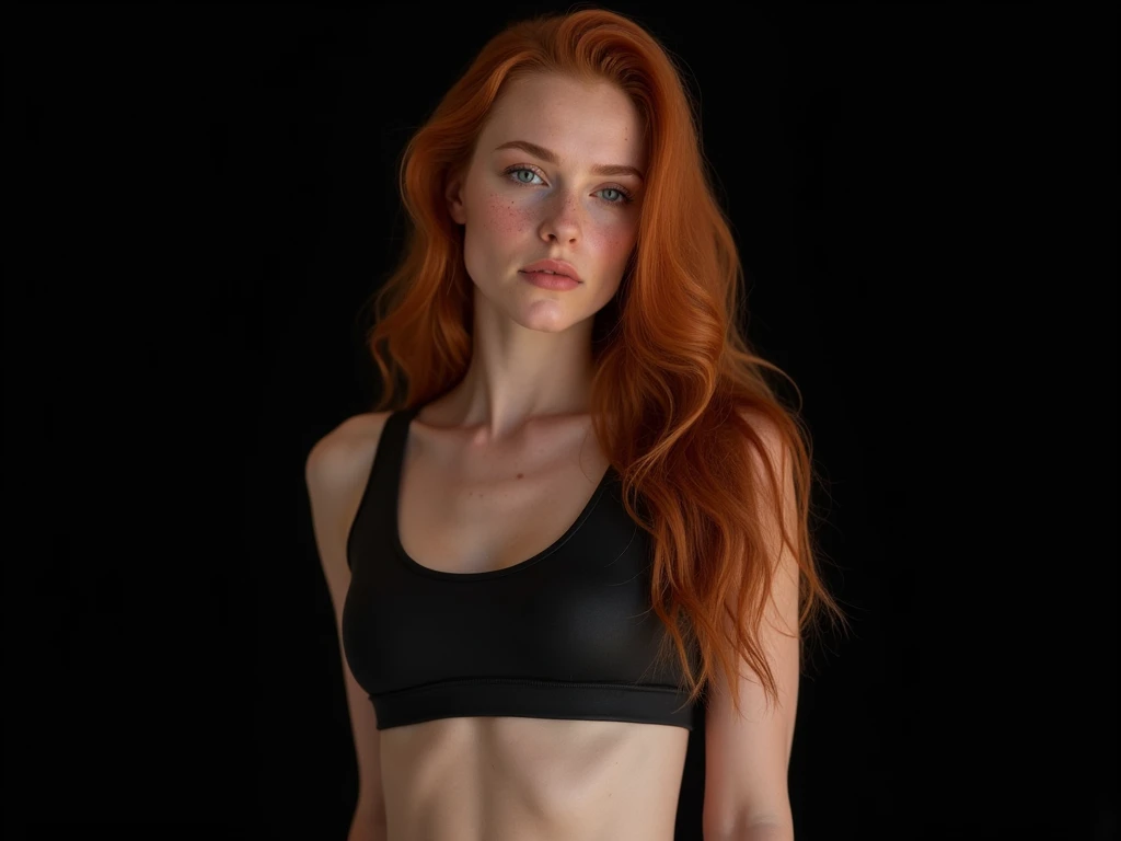 1girl in, age18, Madelaine Petsch, photo of perfect woman, Solo, sports jumpsuit for fitness Yoga and dancing, irish redhead, long wavy ginger hair, long waist length ginger hair, (some small freckles, pale skin, no tattoo, full medium breasts, B-cup, perk...