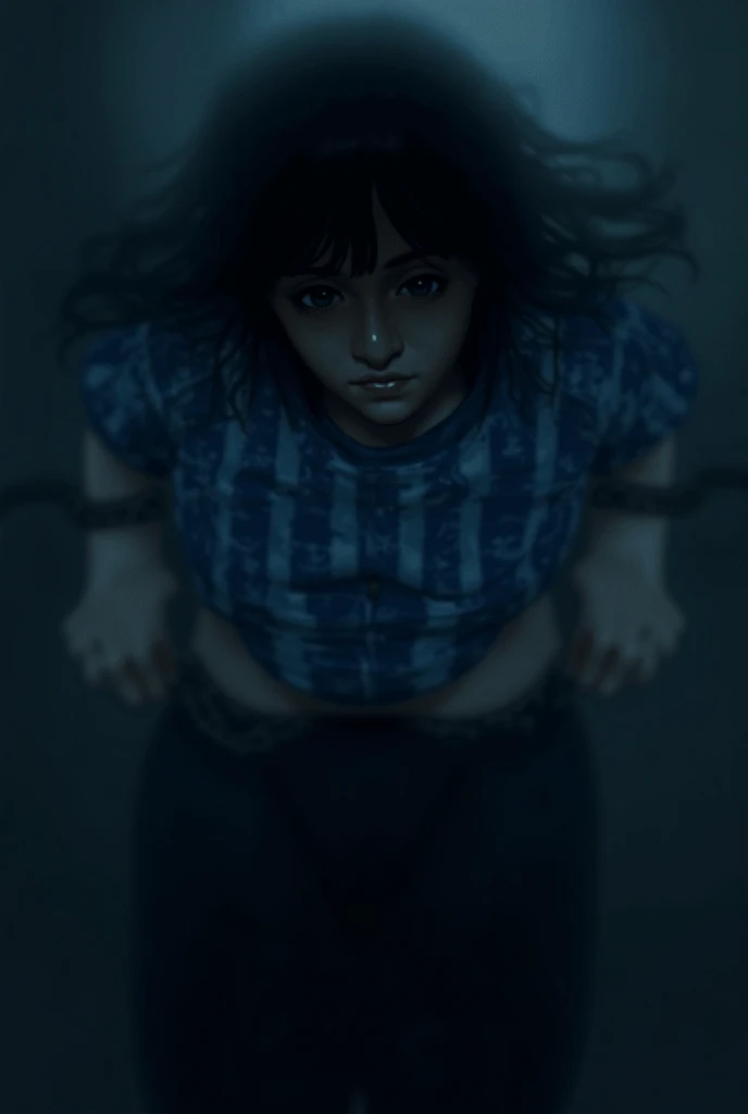 A girl with blue and white shirt black pants long black hair  holding a chain that is restraining someone 