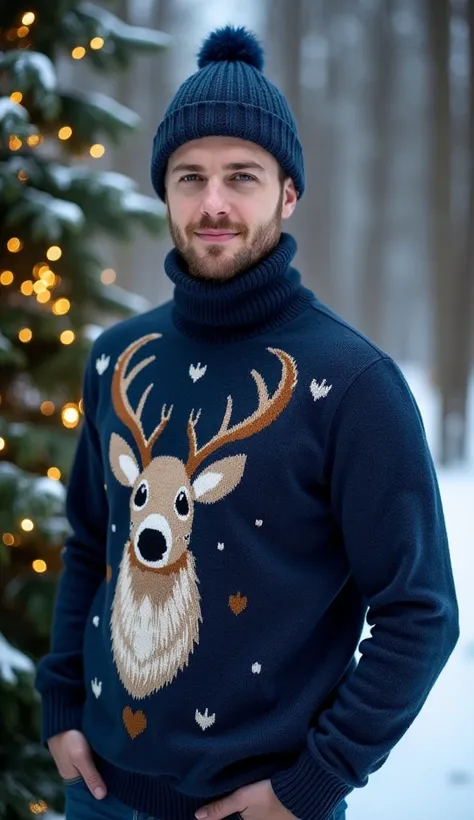  Russian-looking guy . High, large,  pumped .  Super short hair ,  dark hair , brown live eyes ,  without a beard  , no stubble,  clean-shaven round face .  Dressed in a dark blue knitted deer sweater .  There is a knitted blue hat on his head .  Standing ...