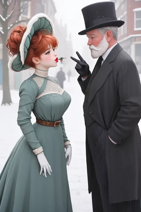 A pretty, curvy petite 15yo redhead Gibson Girl wearing a green Edwardian dress and large wide-brimmed bonnet, Christmas 1904, long Gibson Girl updo, hourglass 50-25-60 figure. Meeting a large fat 75yo gentleman with a white beard, wearing a crimson overco...