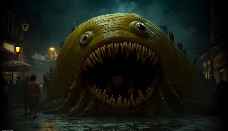 A gaint Earthworm having head of character yellow minion having two eye opening big creepy mouth having teeth eating a people in his mouth creepy on market at night street