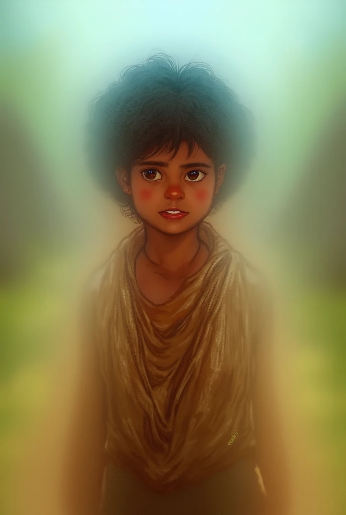 "Create an image of a poor boy named Arjun in a small rural village. Arjun appears humble, wearing simple, worn-out clothes, and his eyes shine with curiosity and determination. The background shows a simple village with huts, greenery, and a peaceful envi...