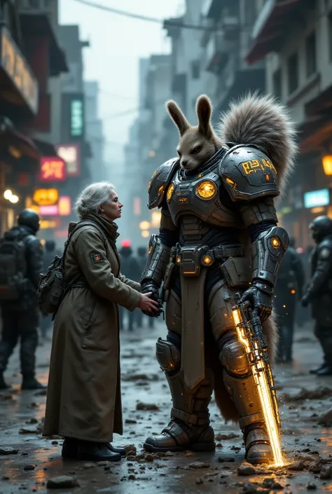 a space marine with squirrel head and tail, ultra detailed, highly realistic, 8k, photo-realistic, cinematic lighting, hyper detailed, sharp focus, volumetric lighting, sci-fi, warhammer 40k, advanced armor, glowing energy weapon, (helps an old woman cross...