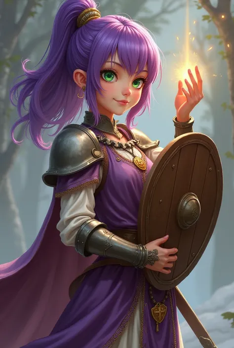 A 56 medium-built white girl with purple hair and green eyes, wearing commoner clothing from the middle ages and half plate, holding a wooden shield on her left hand and holy amulet on her right hand, while doing feixiaos pose