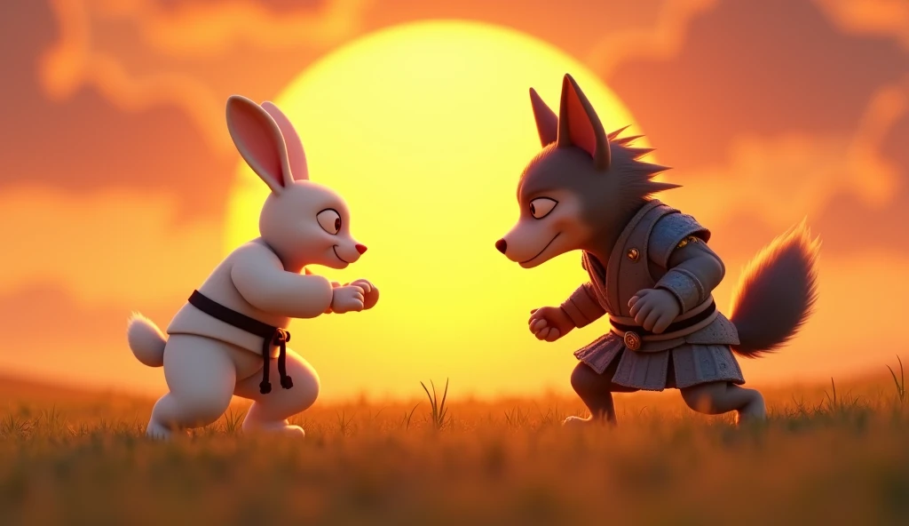 Prompt (606): {High-quality 5-second video, 3D Pixar style, with vibrant colors and high contrast}

Setting: Vast grassland， of the golden glow of the sunset 。

Character Movement: [ shoot scenes of the Rabbit Collection allies from a perspective camera ， ...