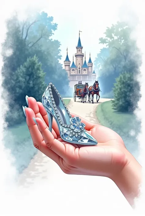        close-up ,    A beautiful womans hand holds Cinderellas crystal slipper made of transparent crystal , a beautiful carriage is standing on the road to the castle , traditional media              ,watercolor (medium),                     white backgro...