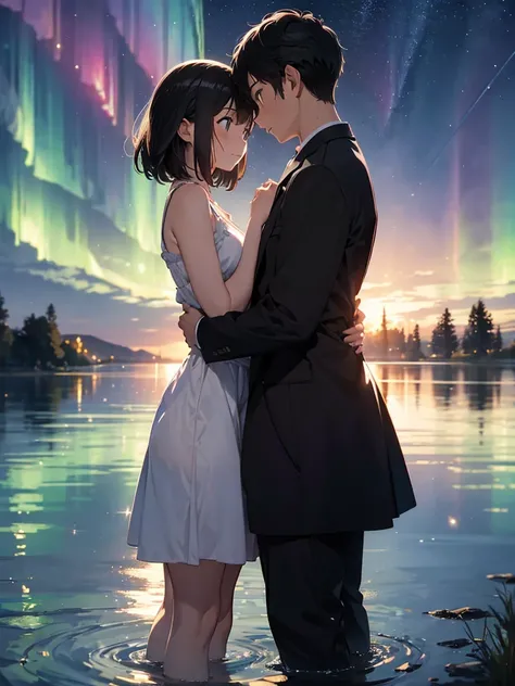  couple man and woman in love, looking at each other ,  bathing in a lake ,  central composition , in nature, Evening, aurora boreal, dark sky, fireflies